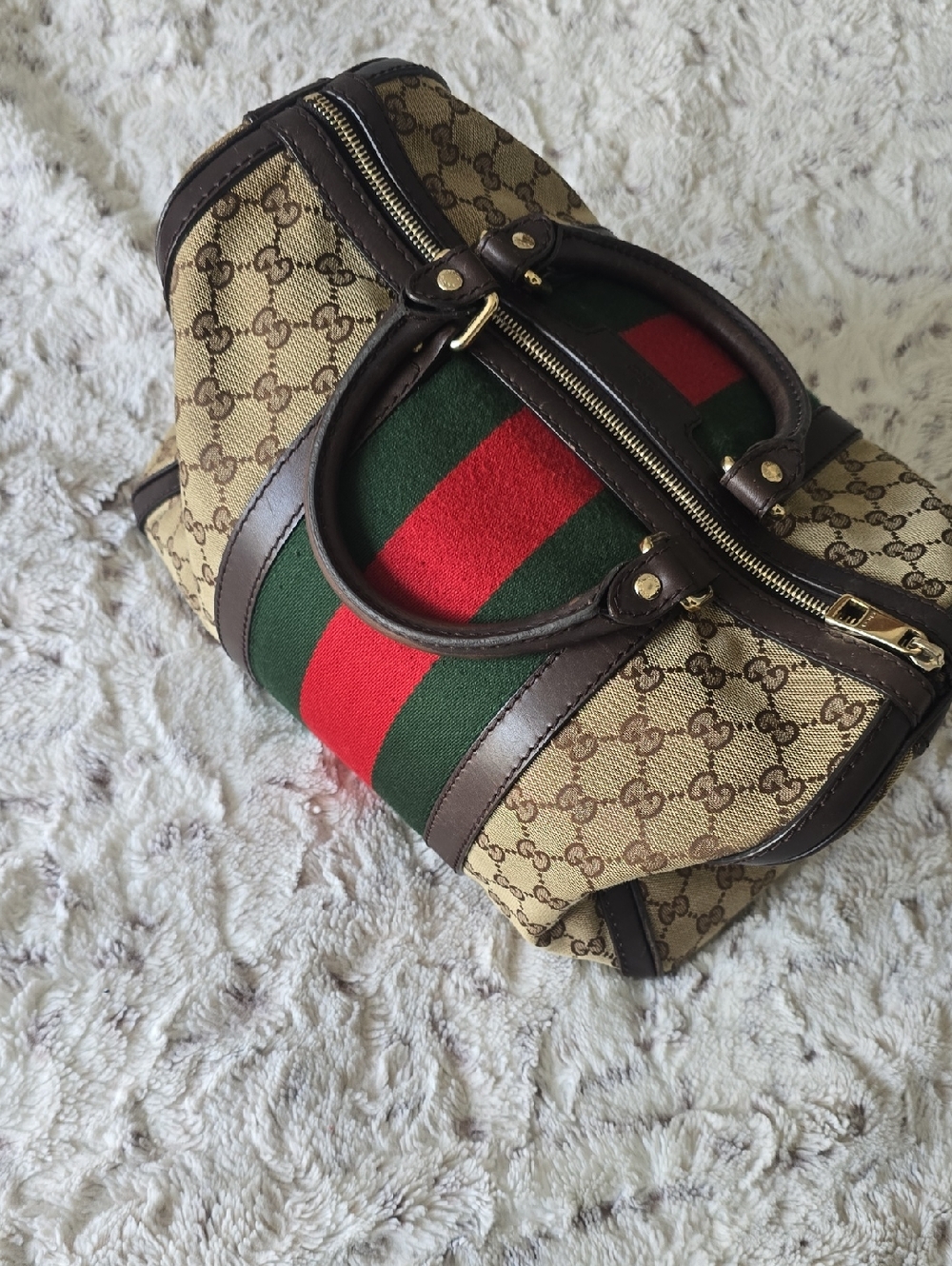 Authentic Gucci Brown GG Canvas Boston Bag with Red & Green Stripe